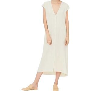 Esby Winnie Dress Midi Hemp Tie Back Deep V-Neck Button Down Natural Beige M